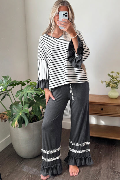 Stacey B's Blue Stripe V Neck Ruffle Contrast Sleeve Top Drawstring Pants 2pcs Set