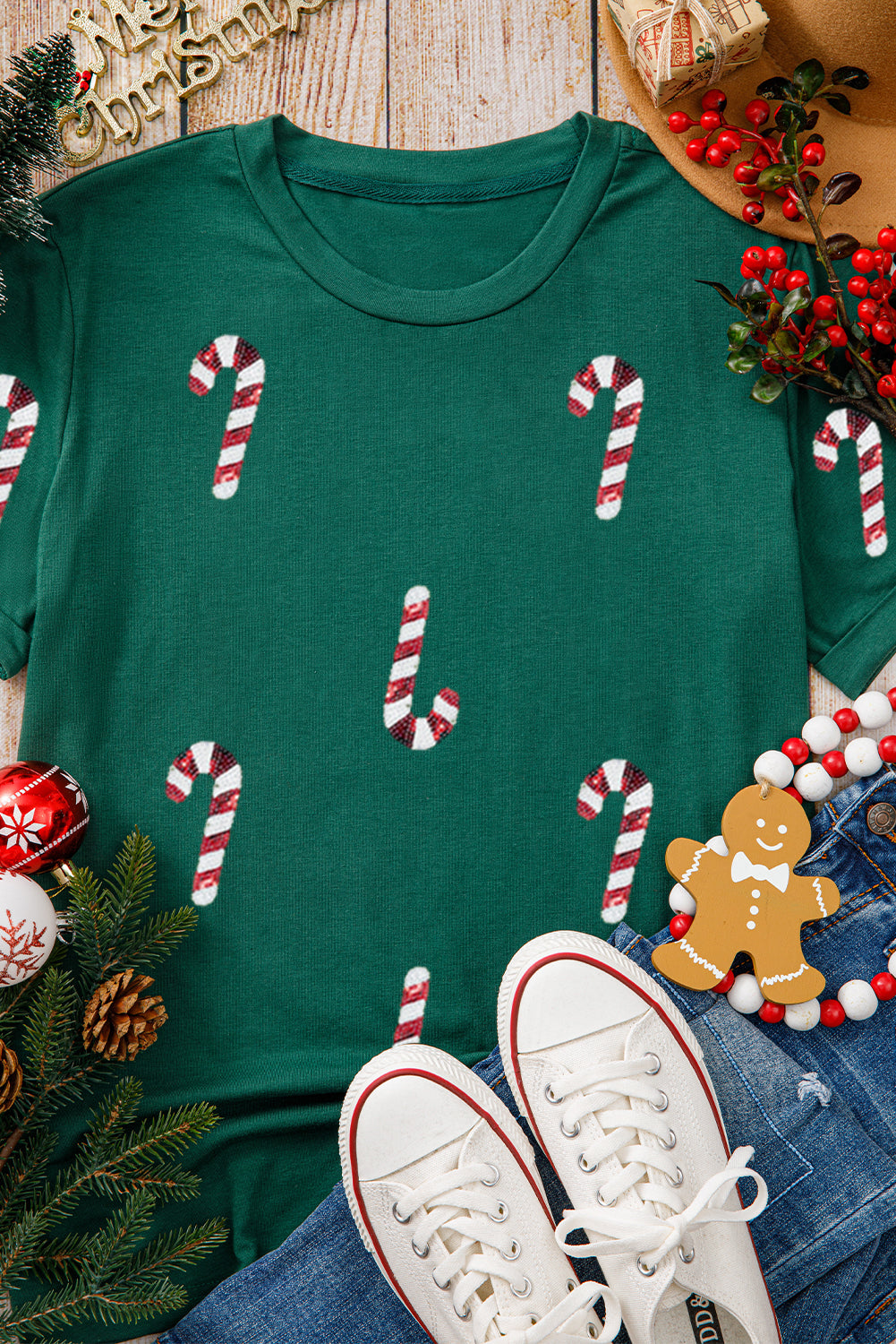 Stacey B's Green Christmas Candy Cane Graphic Casual T Shirt