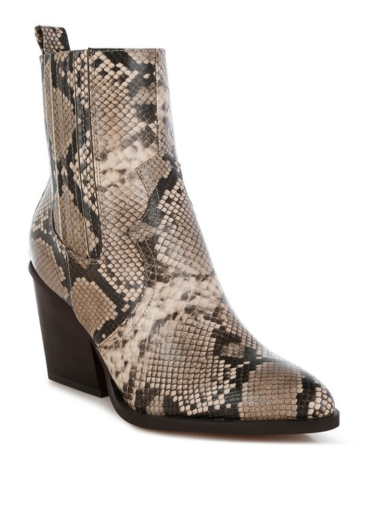 Stacey B's Cornus Snake Print Ankle Boots