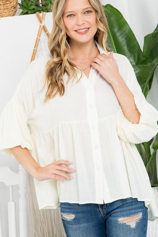 Stacey B's Plus Solid  Button Down Blouse