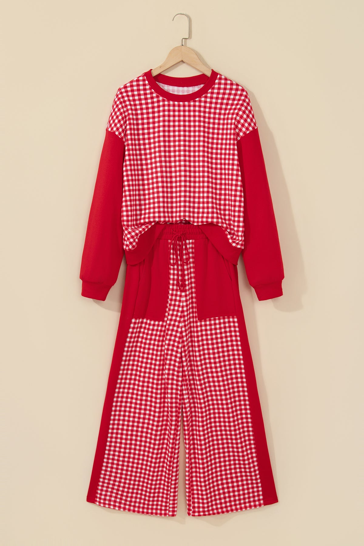 Stacey B's Brown Color Block Plaid Patchwork Long Sleeve Pullover Wide Leg Pant Set