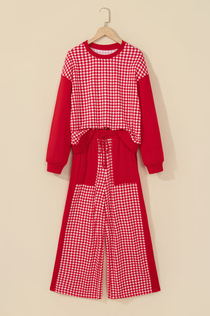 Stacey B's Brown Color Block Plaid Patchwork Long Sleeve Pullover Wide Leg Pant Set