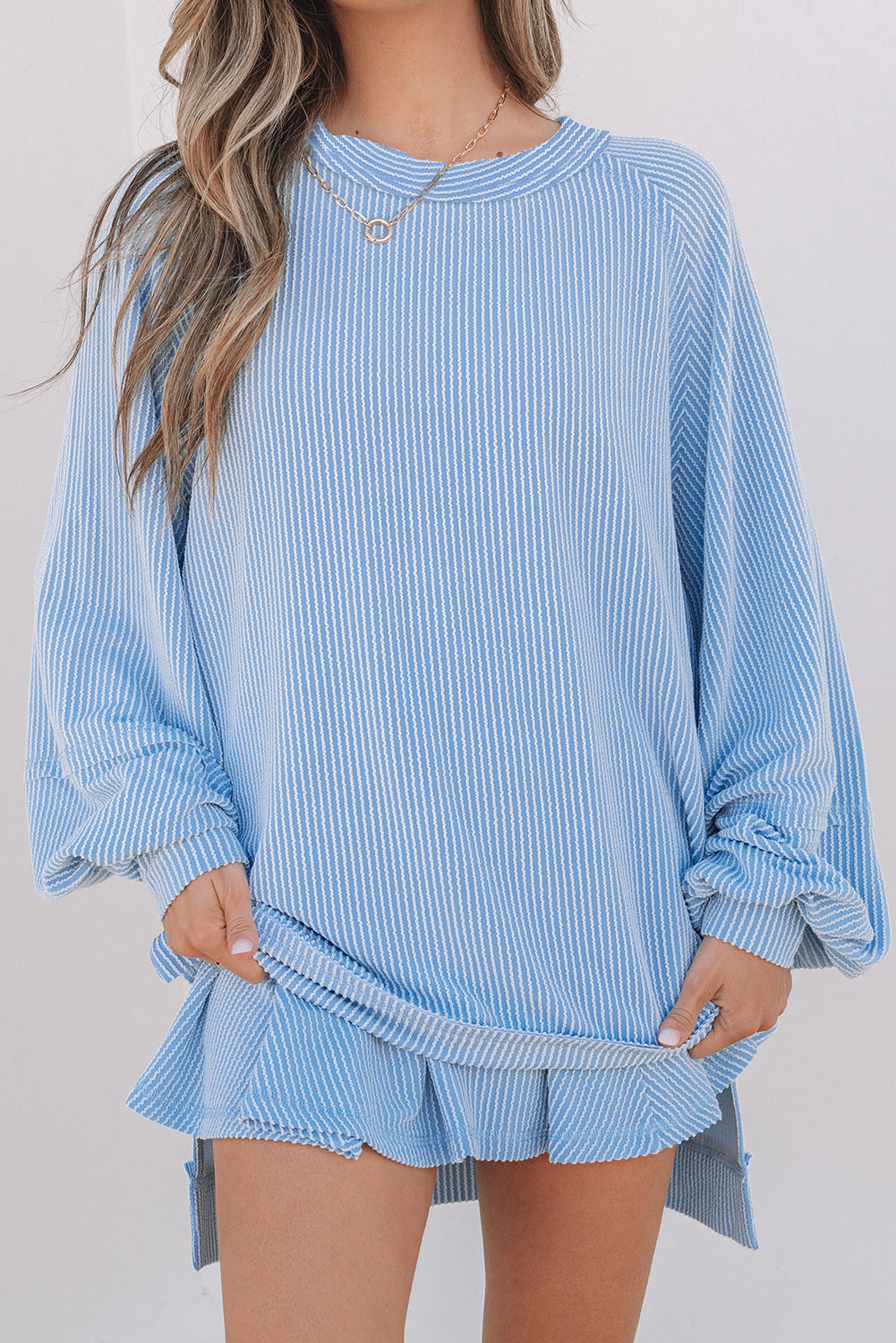 Stacey B's Sky Blue Corded Lantern Sleeve Top High Waist Ruffled Mini Skort Set