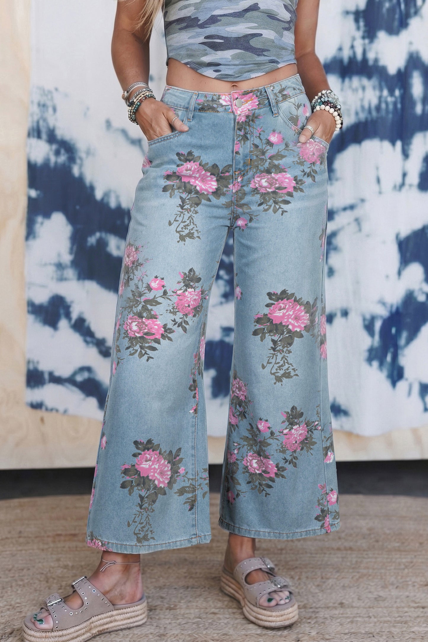 Stacey B's Sky Blue Garden Floral Print Bootcut Jeans