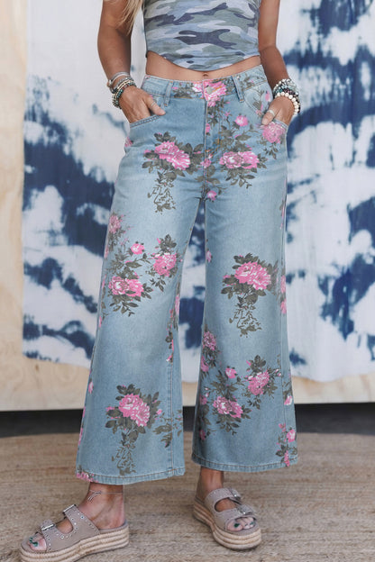 Stacey B's Sky Blue Garden Floral Print Bootcut Jeans