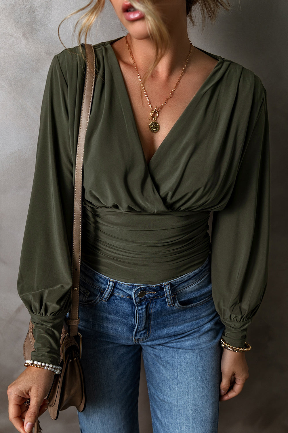 Stacey B's Moss Green Wrap V Neck Ruched Long Sleeve Bodysuit