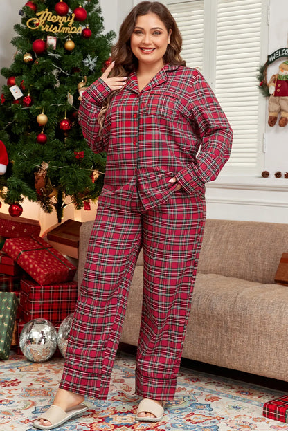 Stacey B's Plus Size Plaid Collared Neck Top and Pants Lounge Set
