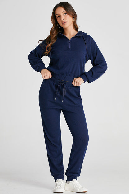 Stacey B's Navy Blue Ribbed Knit Cropped Hoodie and Drawstring Joggers Set