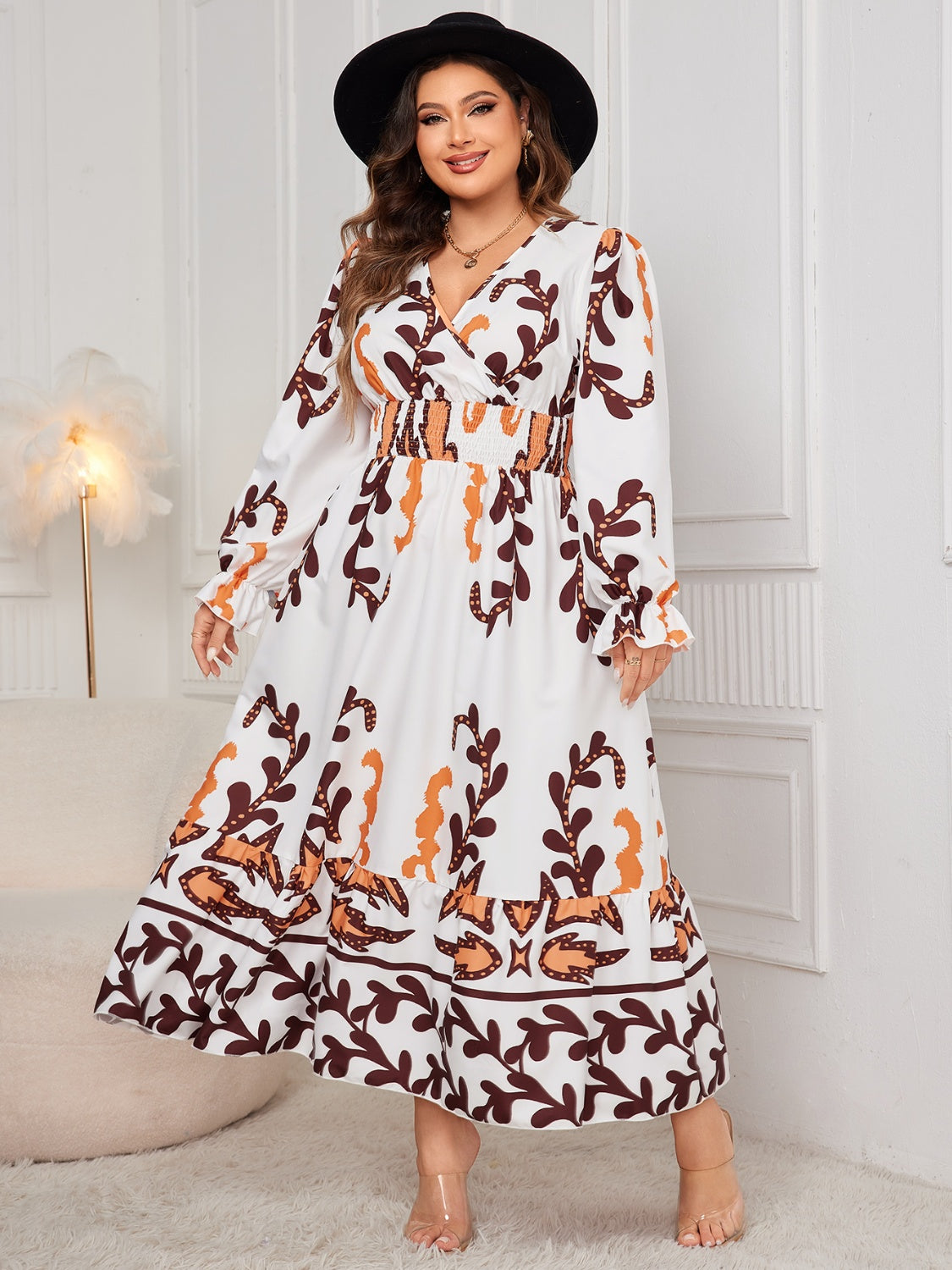 Stacey B's Plus Size Printed Surplice Flounce Sleeve Dress