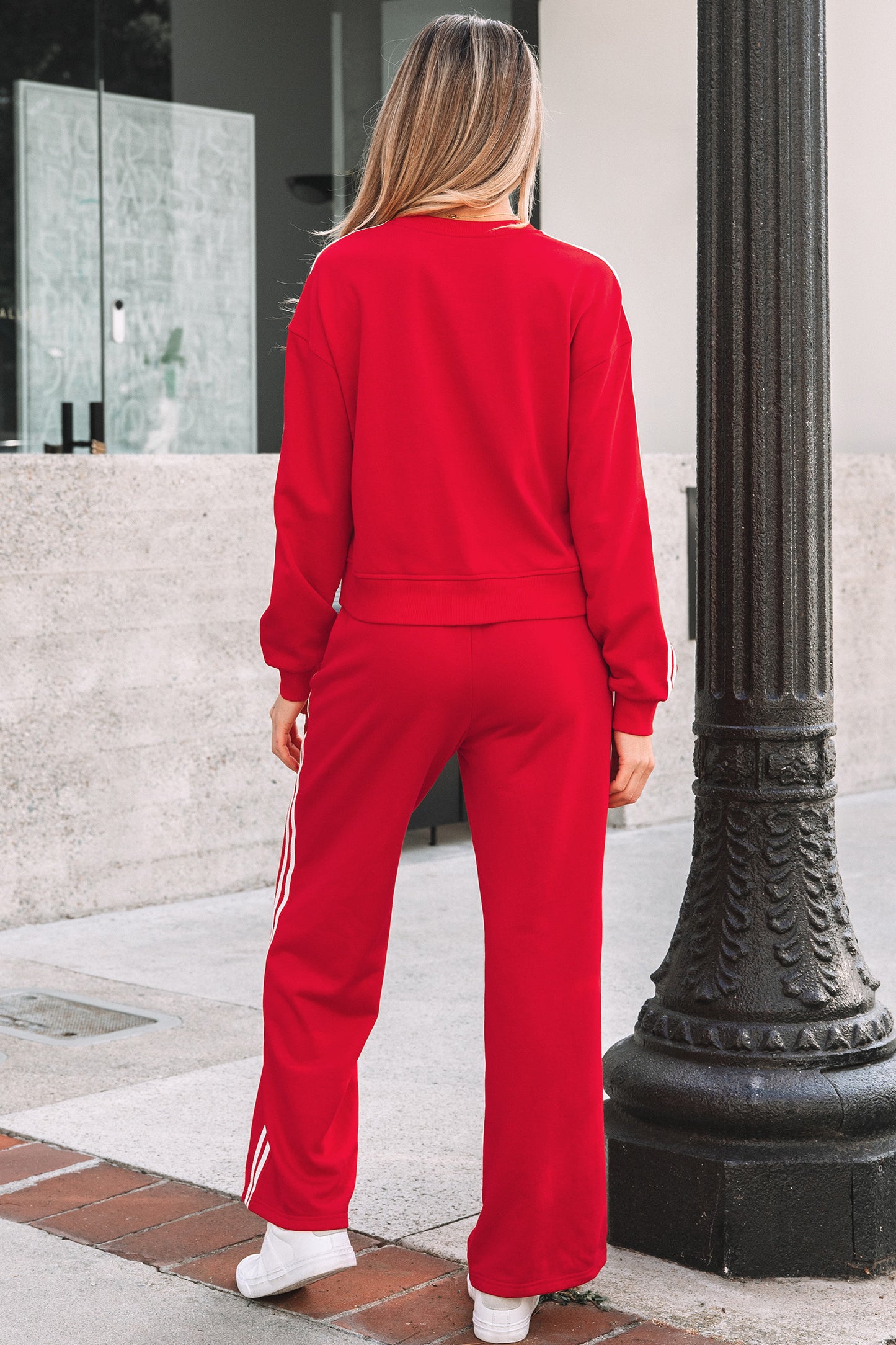 Stacey B's Fiery Red Varsity Striped Detail Crewneck Pullover Elastic Sweatpants 2pcs Outfit