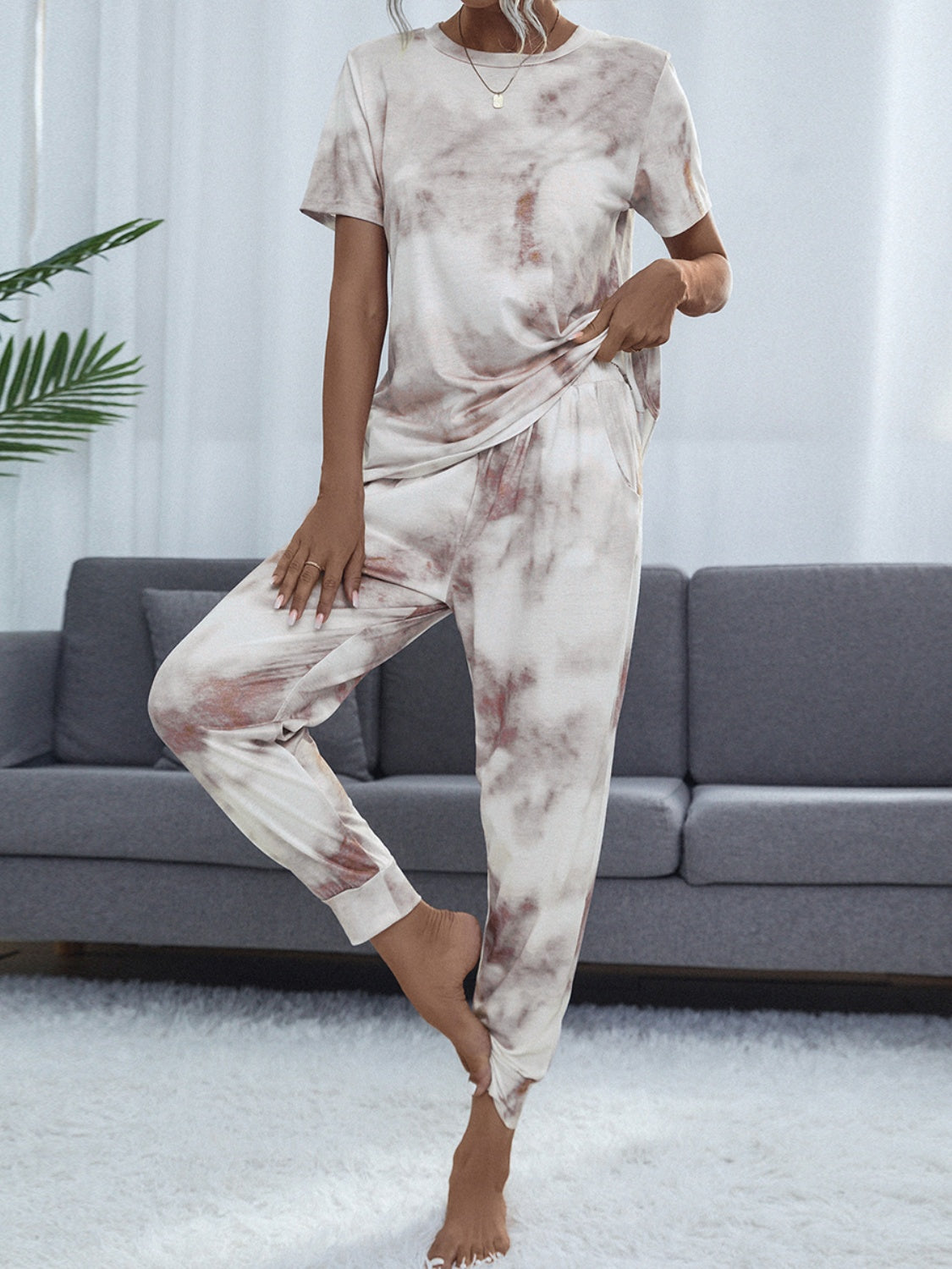 Stacey B's Shiny Tie-Dye Round Neck Short Sleeve Top and Pants Lounge Set