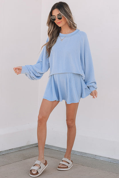 Stacey B's Sky Blue Corded Lantern Sleeve Top High Waist Ruffled Mini Skort Set