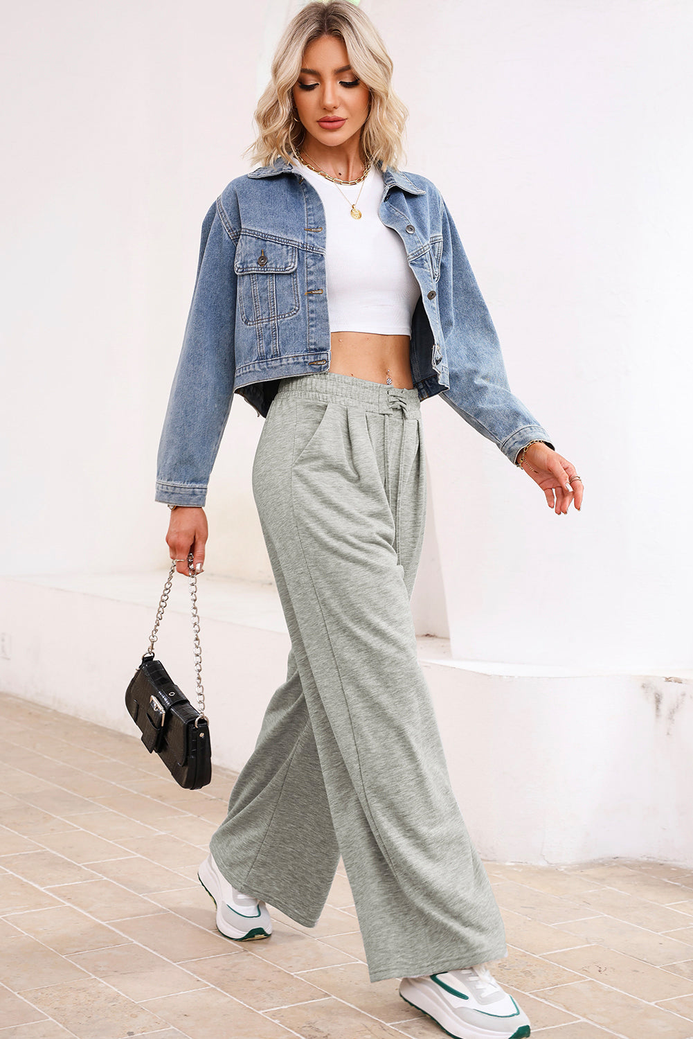 Stacey B's Gray Tied Elastic High Waist Pleated Detail Solid Sweatpants