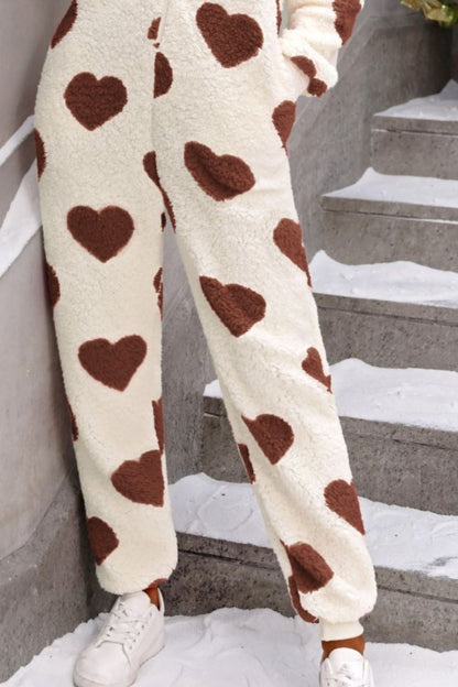 Stacey B's Fuzzy Heart Zip Up Hooded Lounge Jumpsuit