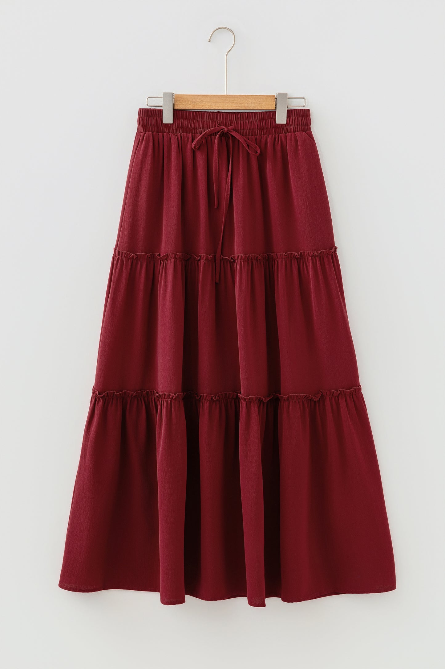 Stacey B's Fiery Red Black Frill Tiered Drawstring Waist Maxi Skirt