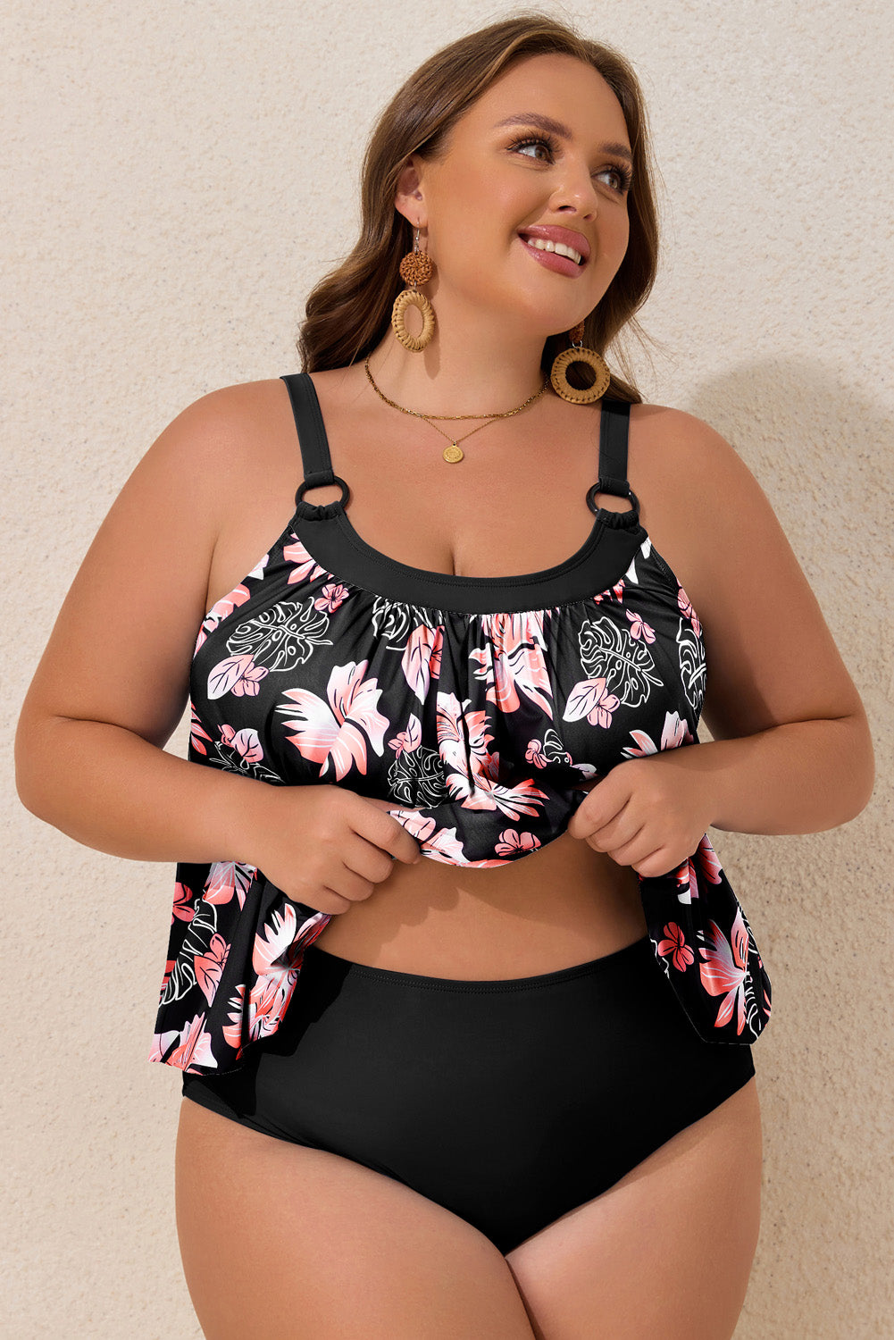 Stacey B's Black 2pcs Plus Size Wide Strap Floral Top Tankini Set