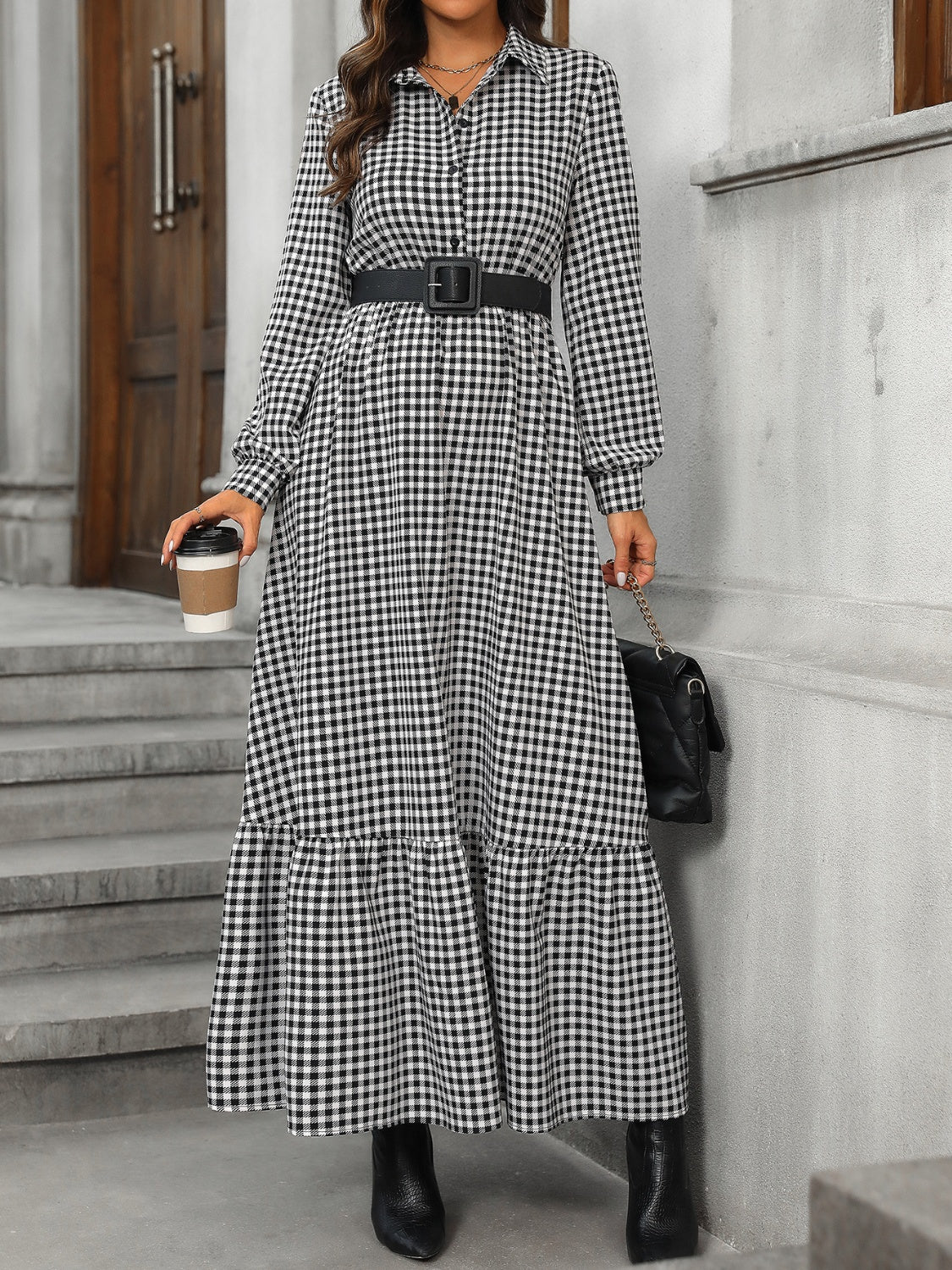 Stacey B's Ruffle Hem Plaid Long Sleeve Dress