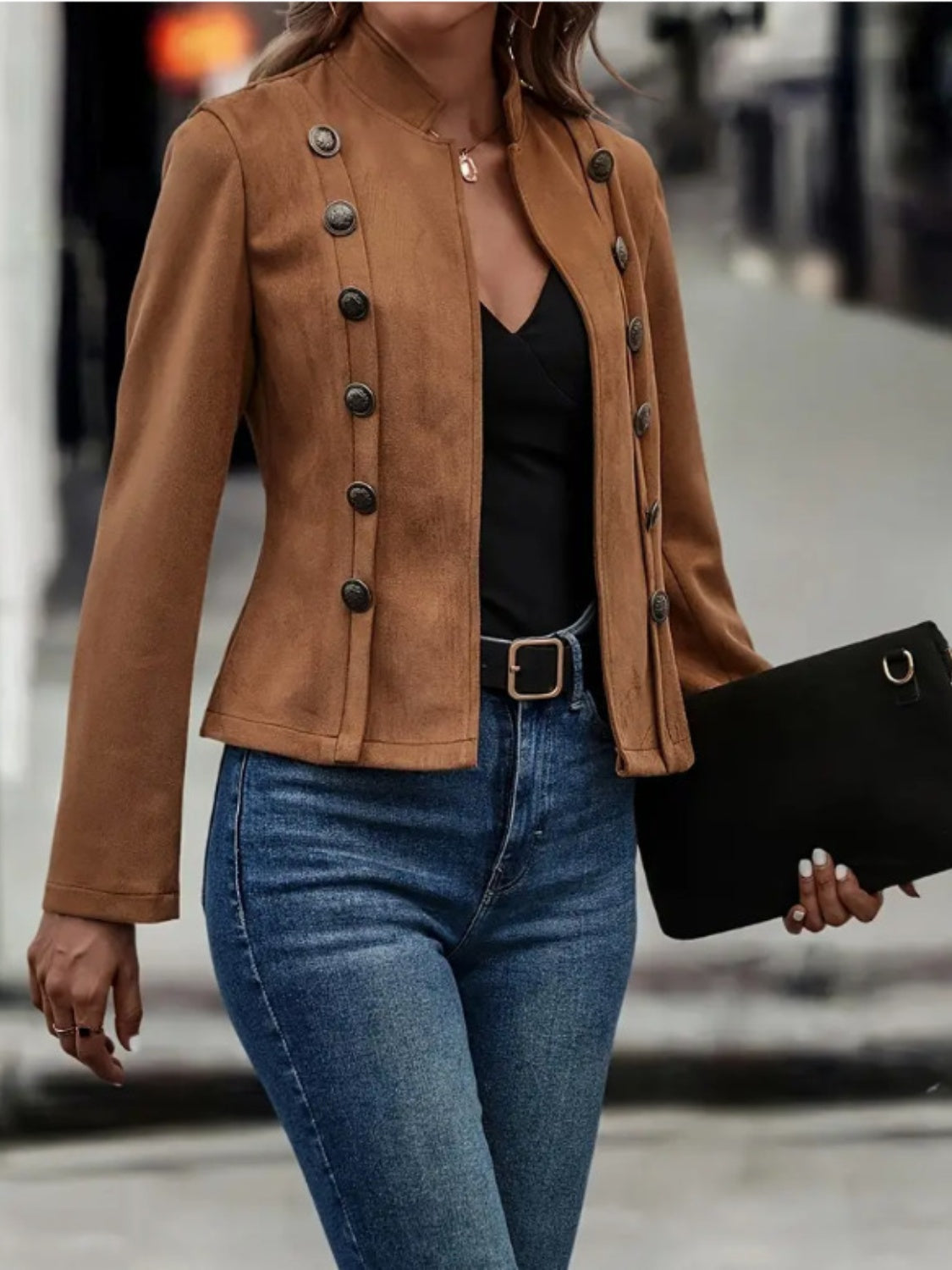 Stacey B's Decorative Button Open Front Long Sleeve Jacket