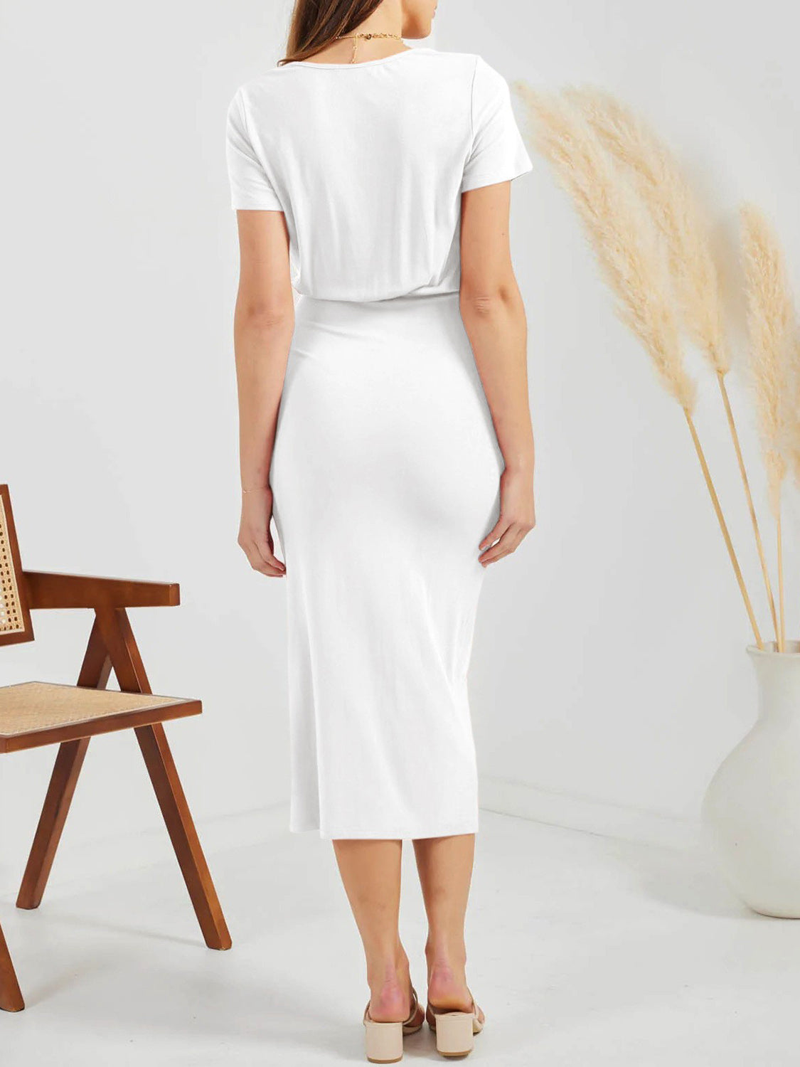 Stacey B's Ruched Slit V-Neck Short Sleeve Dress