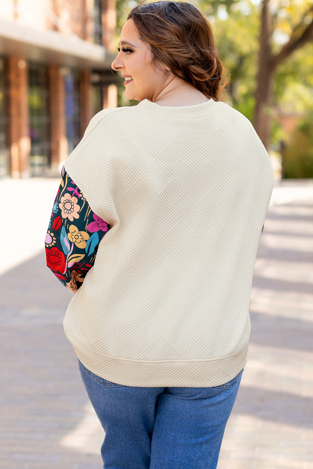 Stacey B's White Floral Patchwork Sleeve Textured Plus Size Pullover Top