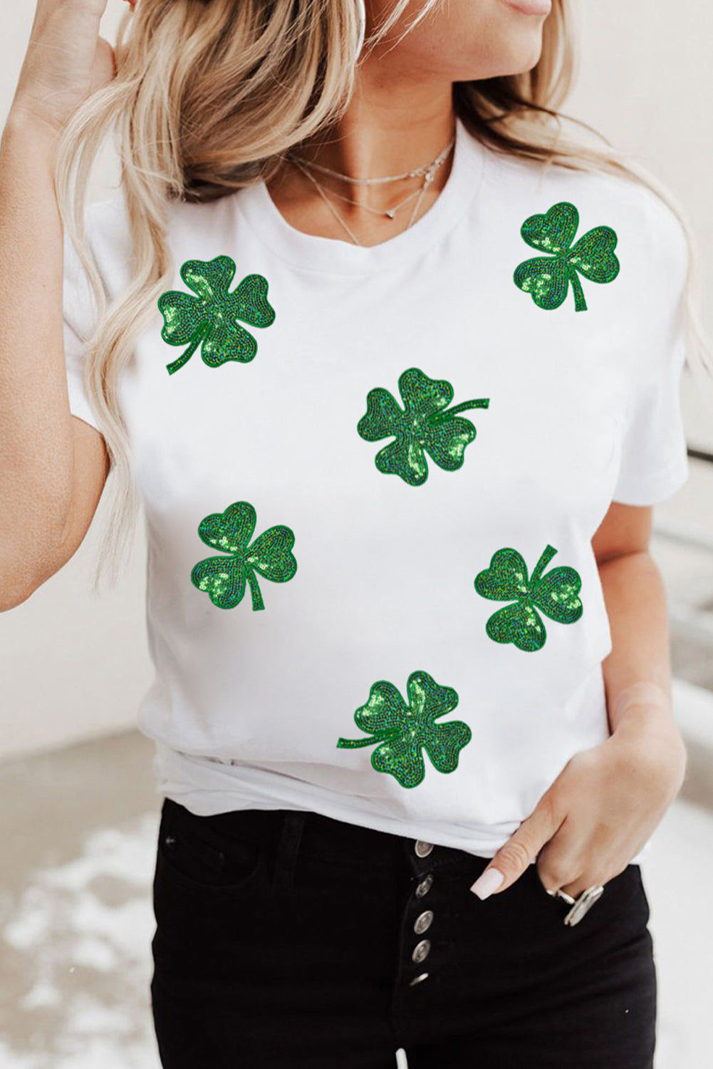 Stacey B's White Sequin Lucky Clover Graphic Crewneck Tee