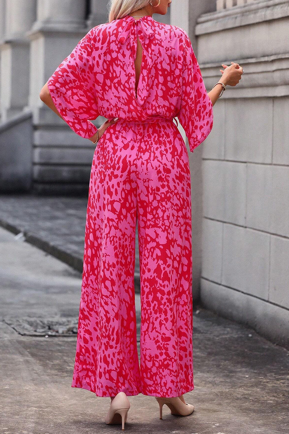 Stacey B's Rose Leopard Print Flounce Sleeve Belted Wide Leg Jumpsuit