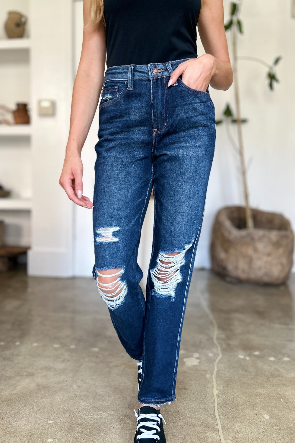 Stacey B's Judy Blue Full Size High Waist Rigid Magic Heavy Destroy Straight Jeans