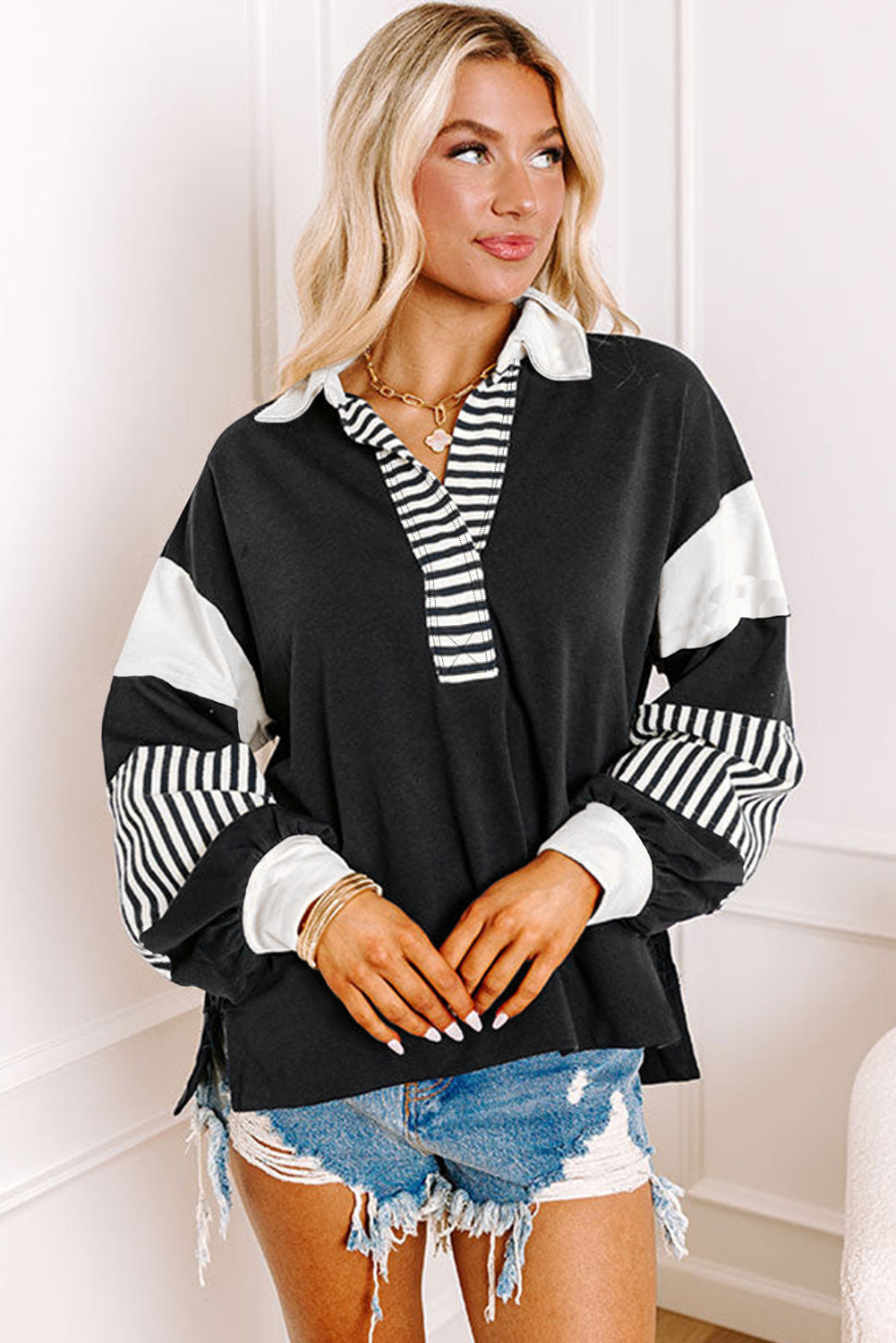 Stacey B's Black Striped Colorblock Patchwork Collar Sweatshirt