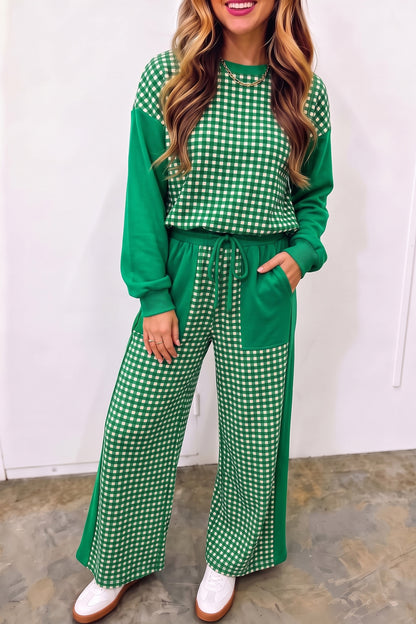 Stacey B's Brown Color Block Plaid Patchwork Long Sleeve Pullover Wide Leg Pant Set