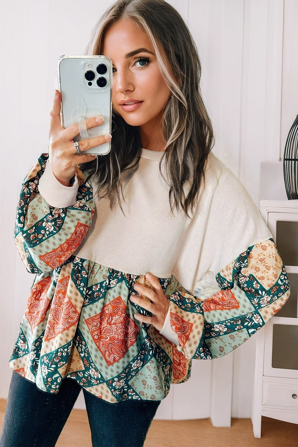 Stacey B's Jet Stream Paisley Geometric Patchwork Loose Fit Blouse