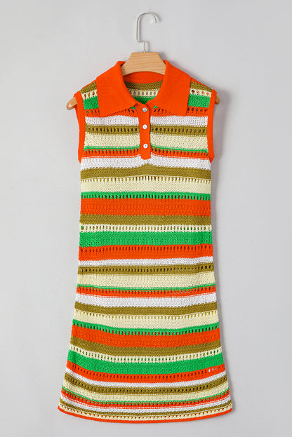 Stacey B's Yellow Stripe Eyelet Sleeveless Buttoned Split Neck Sweater Dress