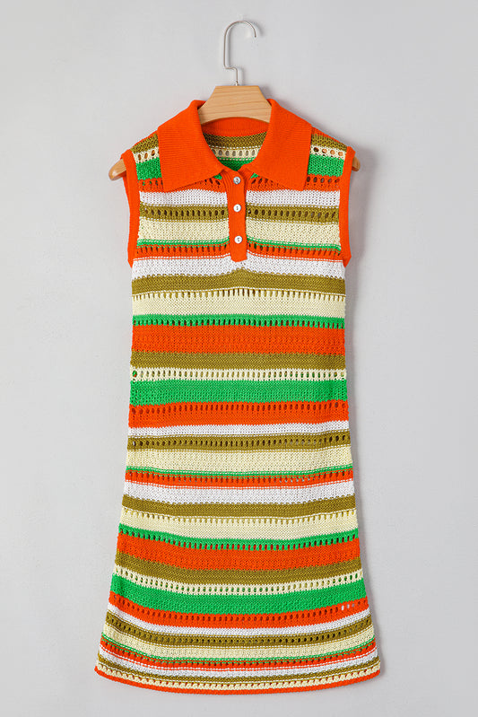Stacey B's Yellow Stripe Eyelet Sleeveless Buttoned Split Neck Sweater Dress