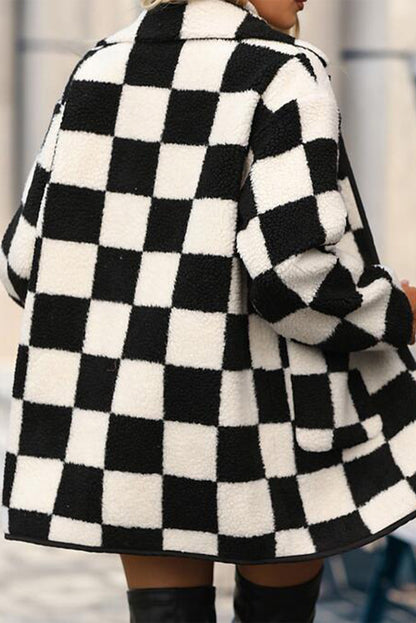 Stacey B's Black Checkered Side Pockets Collared Buttoned Fleece Jacket