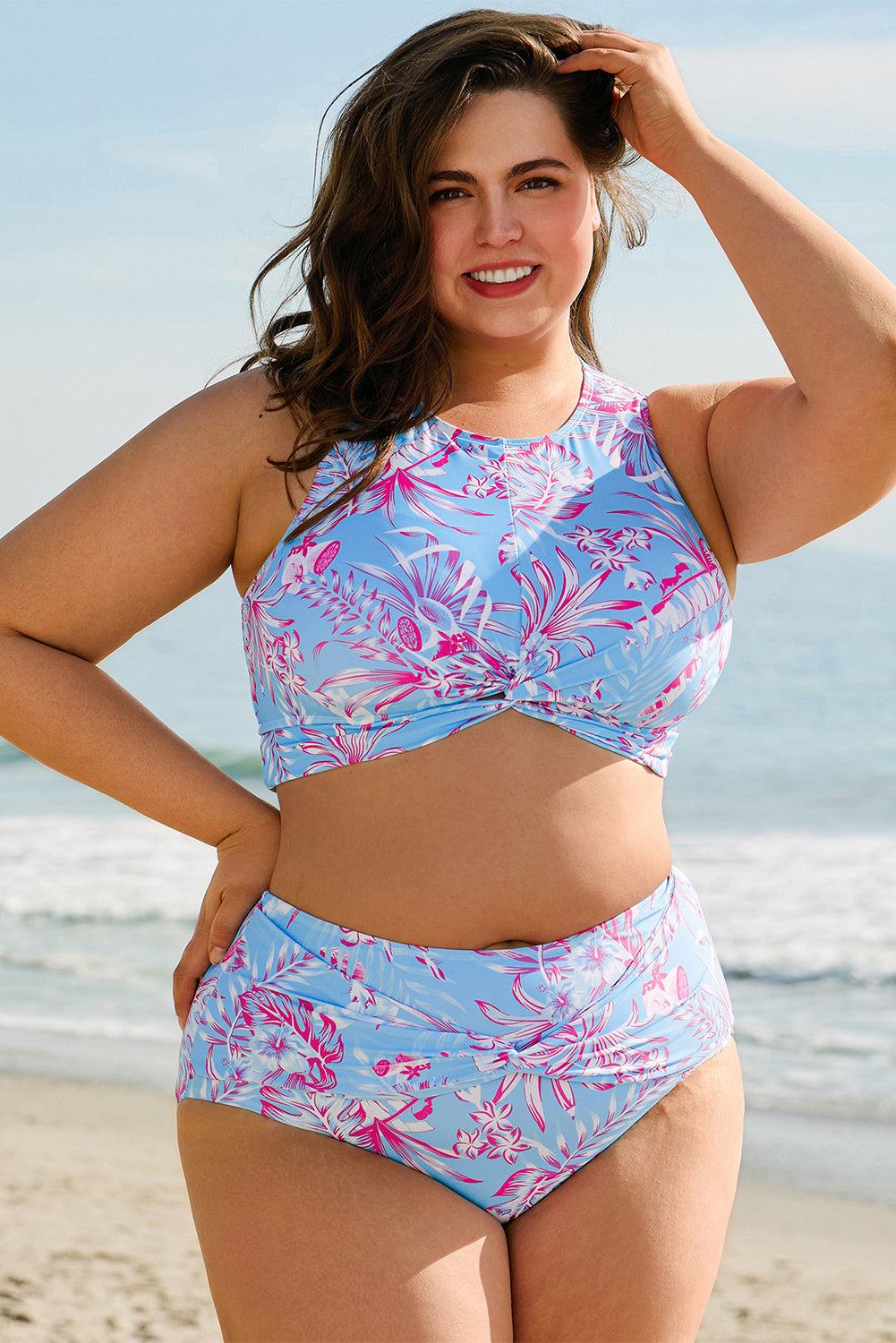 Stacey B's Sky Blue Plus Size Floral Print Twisted High Waist Bikini Set