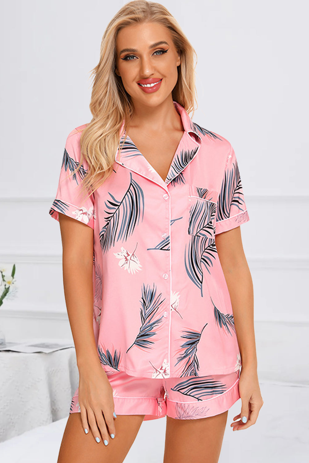 Stacey B's Printed Button Up Short Sleeve Top and Shorts Lounge Set