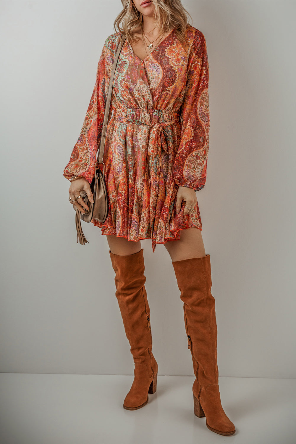 Stacey B's Orange Boho Paisley Print Long Sleeve Pleated Belted Mini Dress