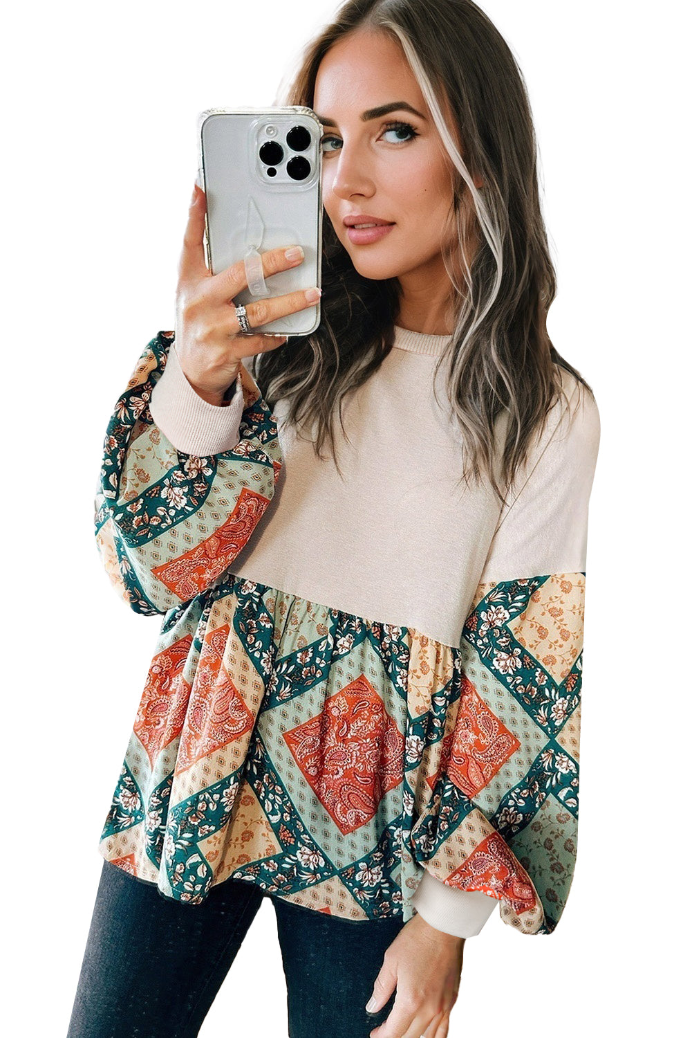 Stacey B's Jet Stream Paisley Geometric Patchwork Loose Fit Blouse