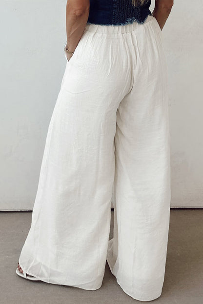Stacey B's White Solid Drop Waist Pleated Wide Leg Casual Pants