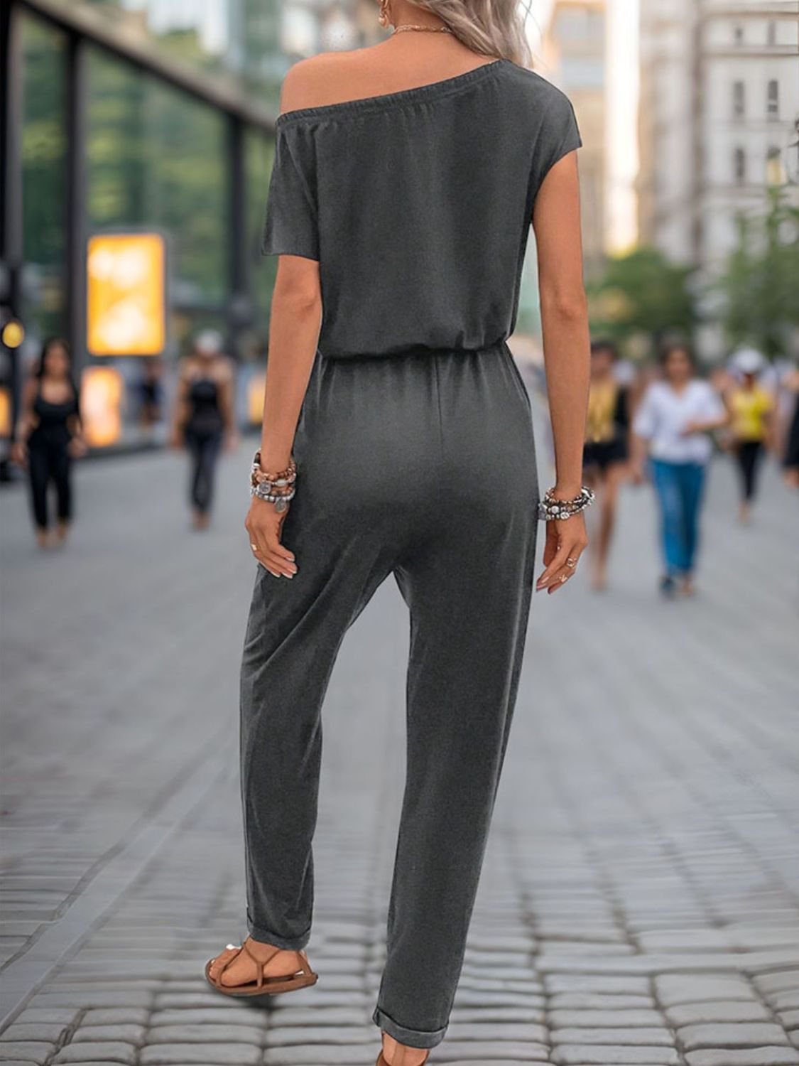 Stacey B's Single Shoulder Short Sleeve Jumpsuit