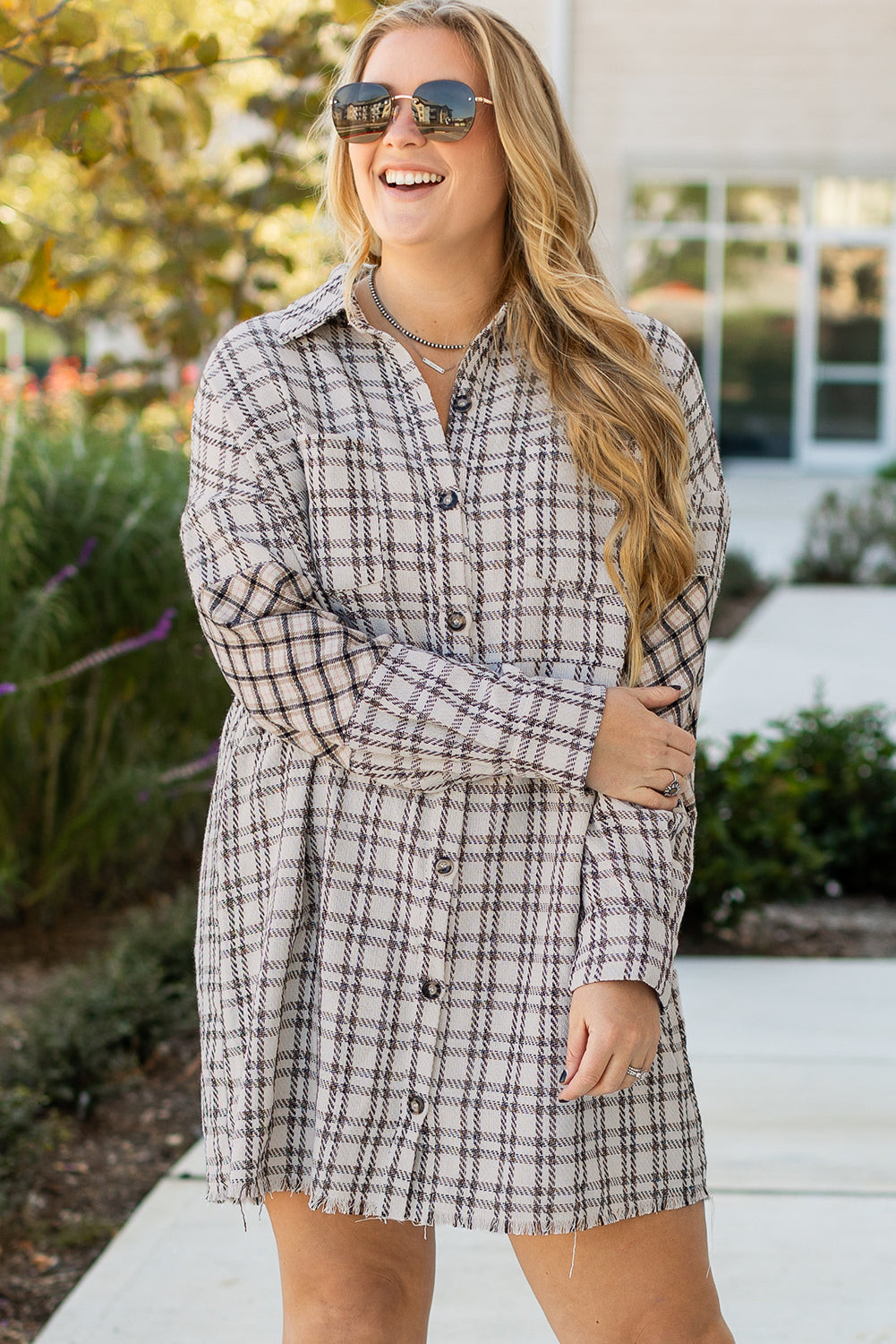 Stacey B's White Stripe Plus Size Plaid Buttoned Raw Hem Tunic Shirt Dress