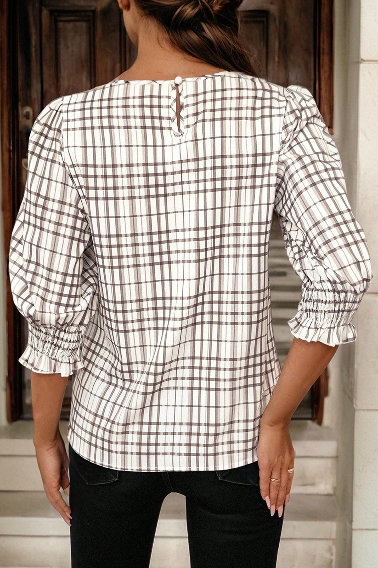 Stacey B's White Plaid Print Frilled Puffy Half Sleeve Blouse