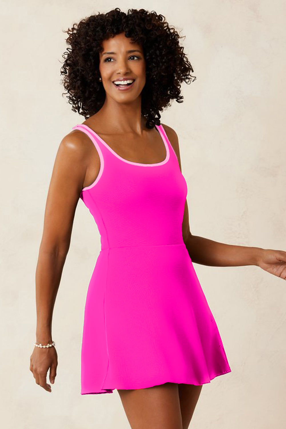 Stacey B's Rose Red Contrast Trim Neckline Active Shorts Attached One Piece Swim Dress