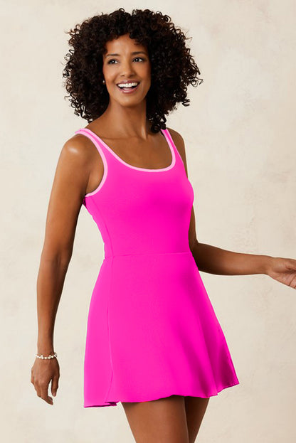 Stacey B's Rose Red Contrast Trim Neckline Active Shorts Attached One Piece Swim Dress