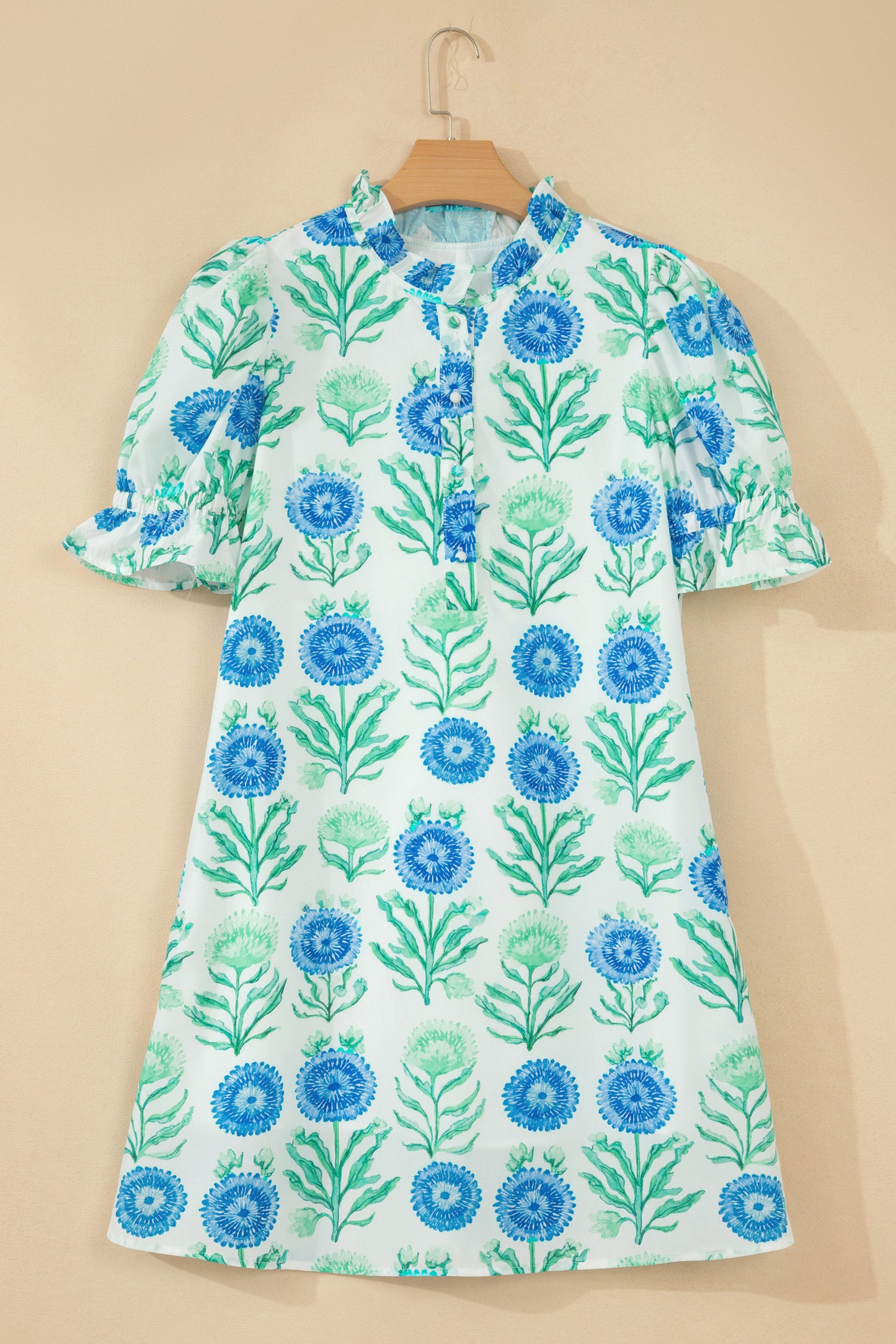 Stacey B's Sky Blue Floral Print Half Button Frilly Short Sleeve Dress
