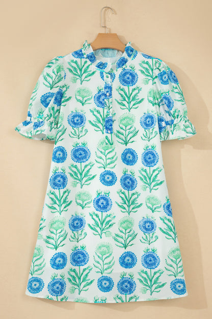 Stacey B's Sky Blue Floral Print Half Button Frilly Short Sleeve Dress