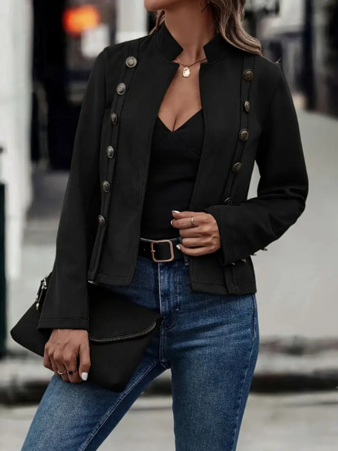 Stacey B's Decorative Button Open Front Long Sleeve Jacket