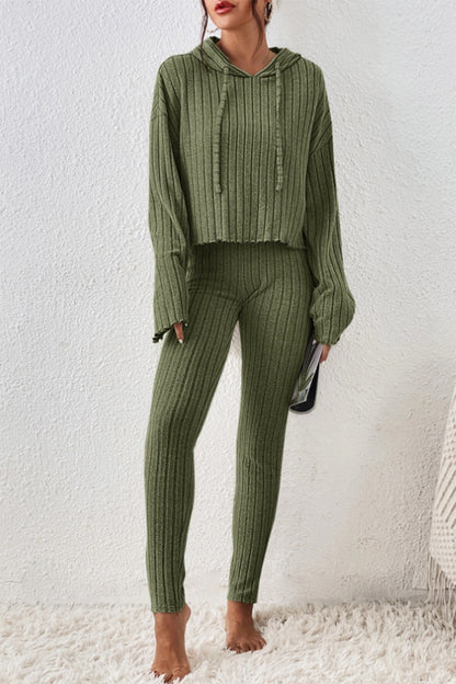 Stacey B's Lettuce Hem Dropped Shoulder Hooded Top and Pants Set
