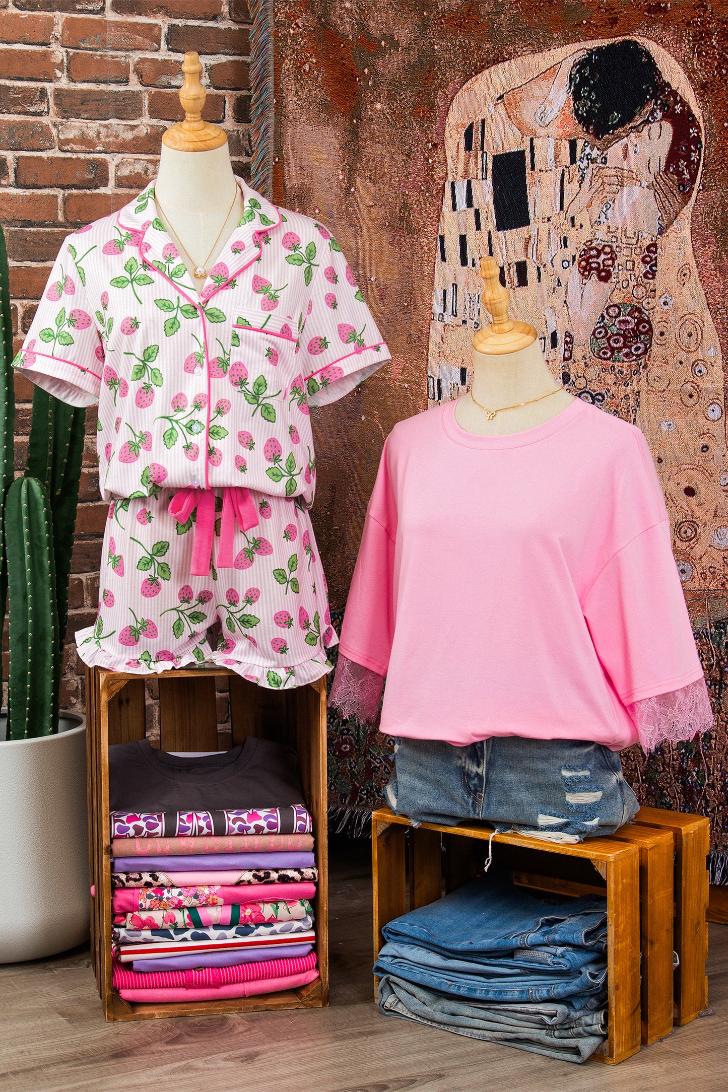 Stacey B's Pink Striped Strawberry Print Lapel Shirt Drawstring Shorts 2pcs Pajama Set