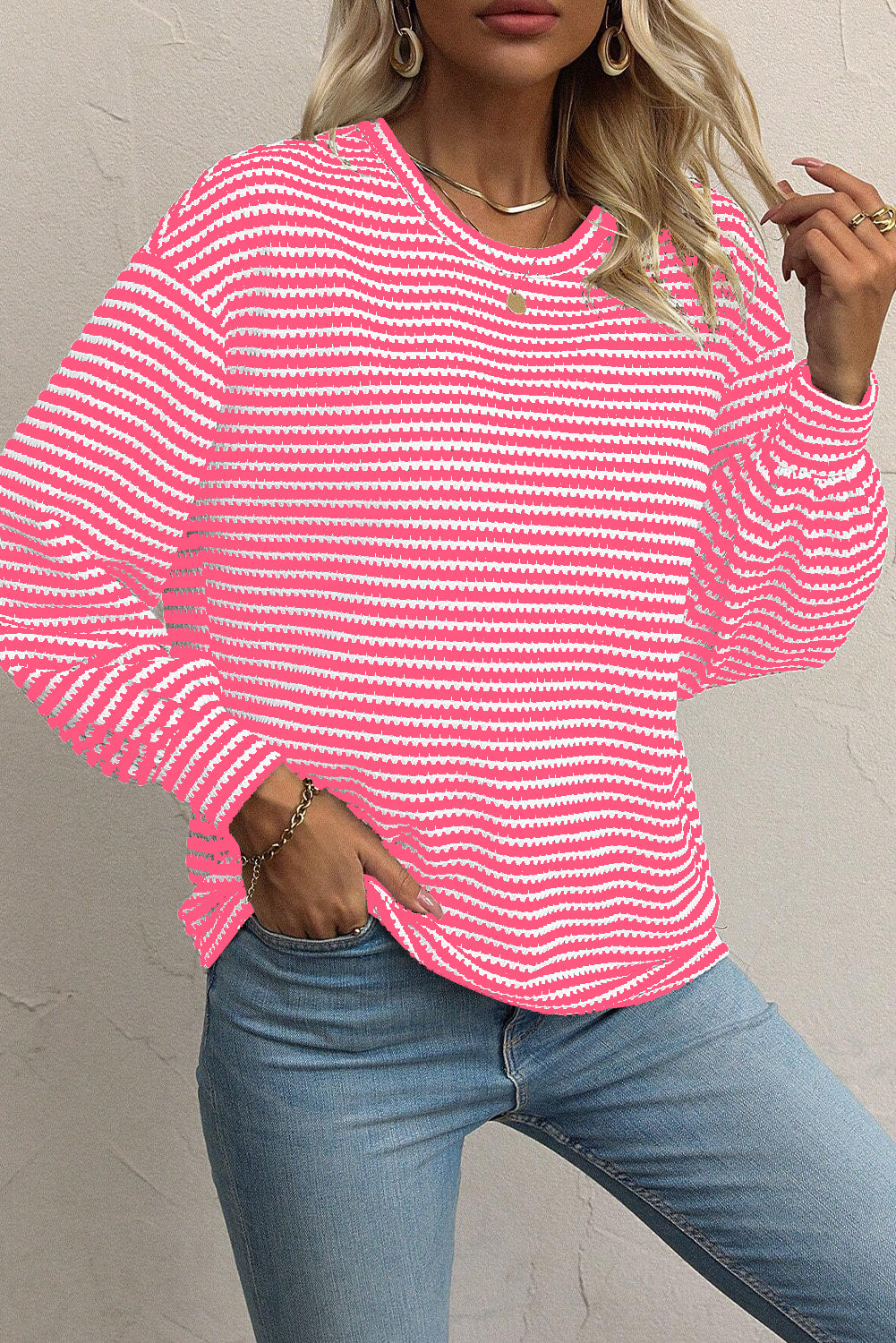 Stacey  B's Rose Stripe Round Neck Drop Shoulder Long Sleeve Top