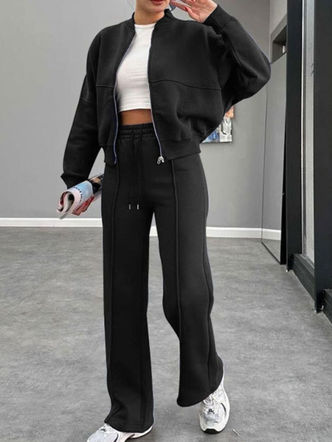 Stacey B's Baseball Collar Zip Up Outerwear and Drawstring Pants Set